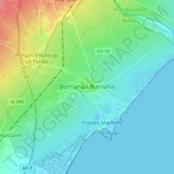 Topografische Karte Borriana / Burriana, Höhe, Relief