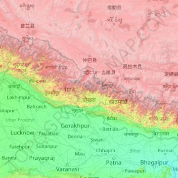 Topografische Karte Nepal, Höhe, Relief