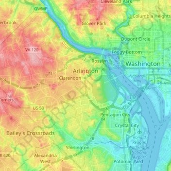 Topografische Karte Arlington, Höhe, Relief