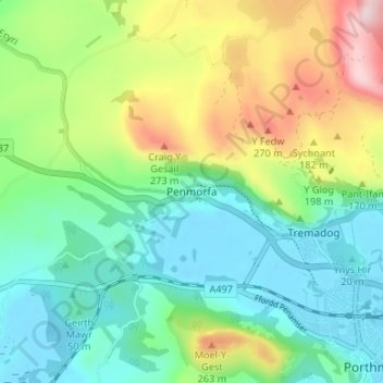 Topografische Karte Penmorfa, Höhe, Relief