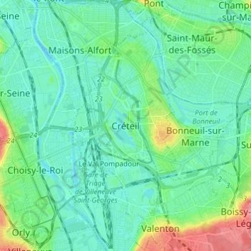 Topografische Karte Créteil, Höhe, Relief