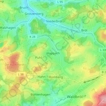 Topografische Karte Happach, Höhe, Relief