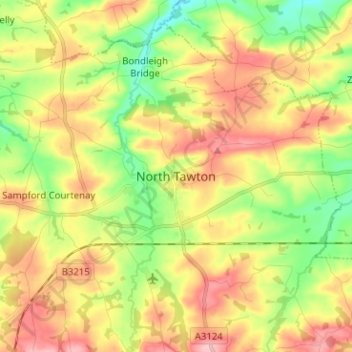 Topografische Karte North Tawton, Höhe, Relief
