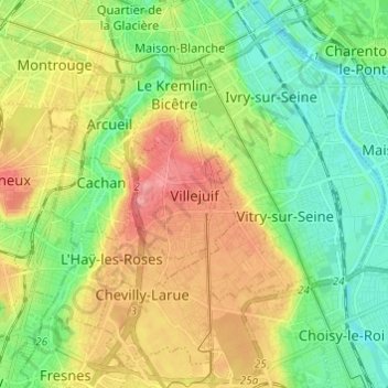 Topografische Karte Villejuif, Höhe, Relief
