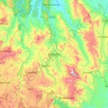 Topografische Karte Badulla, Höhe, Relief