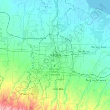Topografische Karte Medan, Höhe, Relief