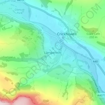 Topografische Karte Llangattock, Höhe, Relief
