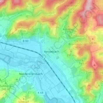 Topografische Karte Heinebach, Höhe, Relief