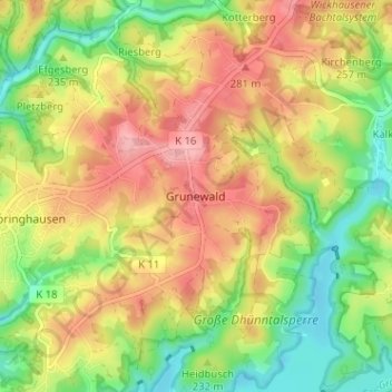 Topografische Karte Grunewald, Höhe, Relief