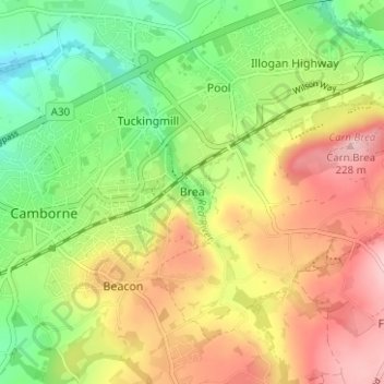 Topografische Karte Brea, Höhe, Relief