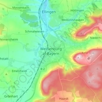 Topografische Karte Weißenburg in Bayern, Höhe, Relief