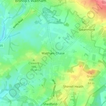 Topografische Karte Waltham Chase, Höhe, Relief