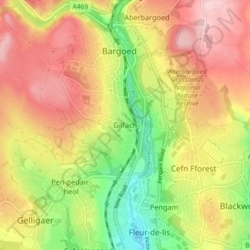 Topografische Karte Gilfach, Höhe, Relief