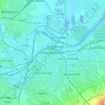 Topografische Karte Middlesbrough, Höhe, Relief