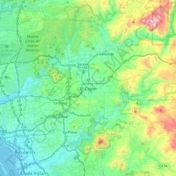 Topografische Karte El Cajon, Höhe, Relief