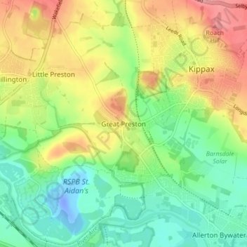 Topografische Karte Great Preston, Höhe, Relief
