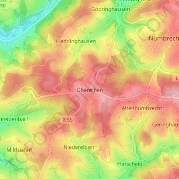 Topografische Karte Oberelben, Höhe, Relief