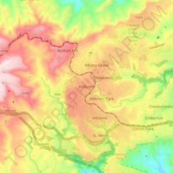 Topografische Karte Hillcrest, Höhe, Relief