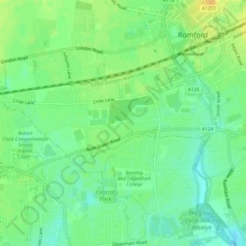 Topografische Karte Rush Green, Höhe, Relief
