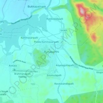Topografische Karte Puttaparthi, Höhe, Relief