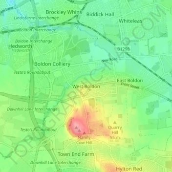Topografische Karte West Boldon, Höhe, Relief