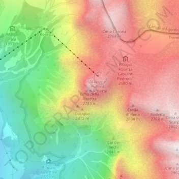 Topografische Karte Cima della Rosetta, Höhe, Relief