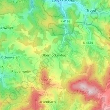 Topografische Karte Oberflockenbach, Höhe, Relief