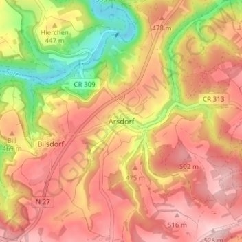 Topografische Karte Arsdorf, Höhe, Relief