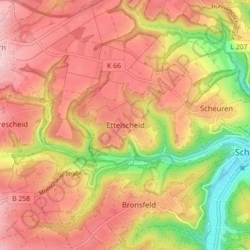 Topografische Karte Ettelscheid, Höhe, Relief