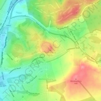 Topografische Karte Hednesford Hills, Höhe, Relief