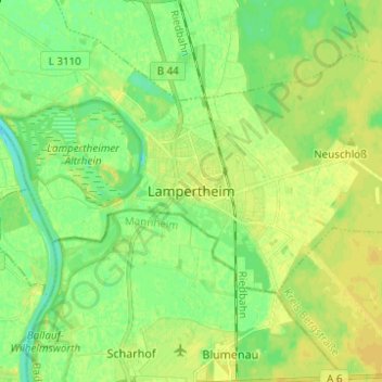 Topografische Karte Lampertheim, Höhe, Relief