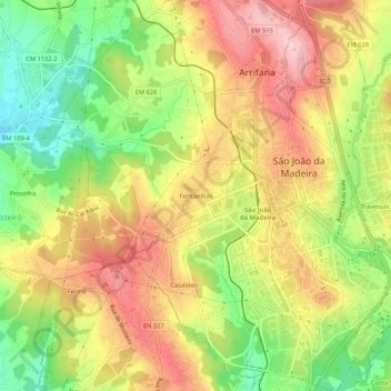 Topografische Karte Fontainhas, Höhe, Relief