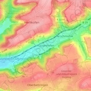 Topografische Karte Hussenhofen, Höhe, Relief