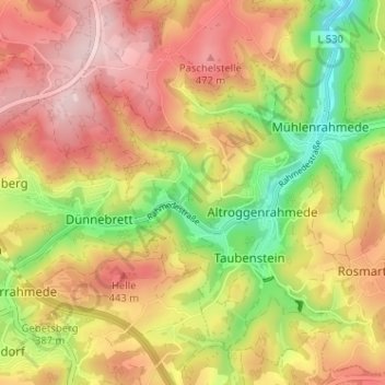 Topografische Karte Grünewiese, Höhe, Relief