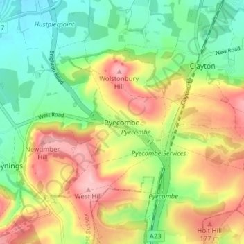 Topografische Karte Pyecombe, Höhe, Relief