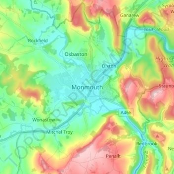 Topografische Karte Monmouth, Höhe, Relief