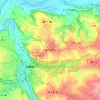 Topografische Karte Zschadraß, Höhe, Relief