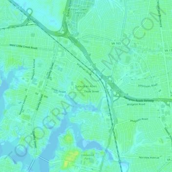 Topografische Karte Suburban Acres, Höhe, Relief