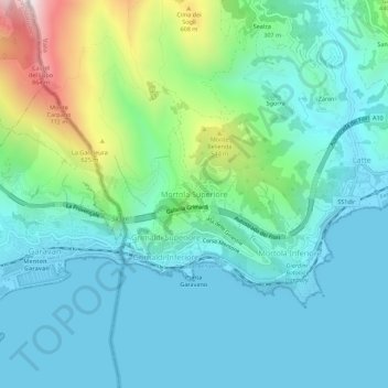 Topografische Karte Mortola Superiore, Höhe, Relief