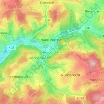 Topografische Karte Homburg-Bröl, Höhe, Relief