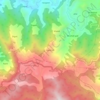 Topografische Karte riyuni tal, Höhe, Relief