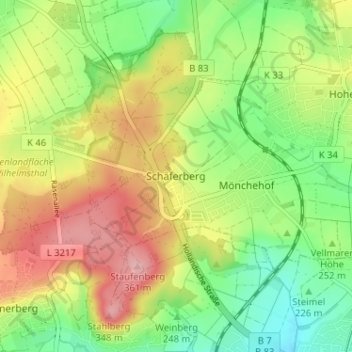 Topografische Karte Schäferberg, Höhe, Relief