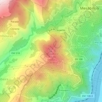Topografische Karte São Silvestre Cimo do Douro, Höhe, Relief