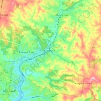 Topografische Karte Wattle Glen, Höhe, Relief