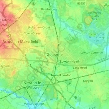 Topografische Karte Golborne, Höhe, Relief