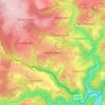 Topografische Karte Hilterscheid, Höhe, Relief