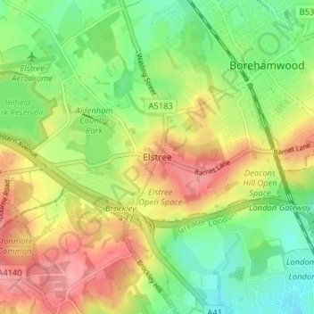 Topografische Karte Elstree, Höhe, Relief