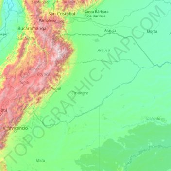 Topografische Karte Casanare, Höhe, Relief