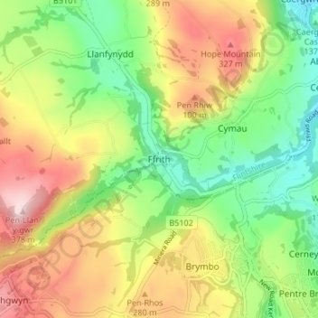 Topografische Karte Ffrith, Höhe, Relief
