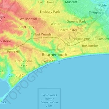 Topografische Karte Bournemouth, Höhe, Relief